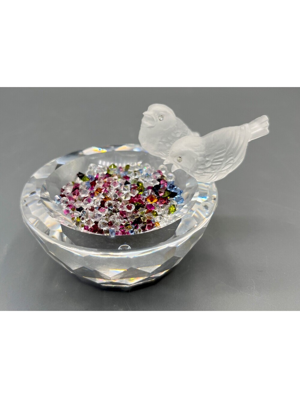 Retired Swarovski Crystal Bird Bath 2 Frosted Birds Multicolor Crystals Austria